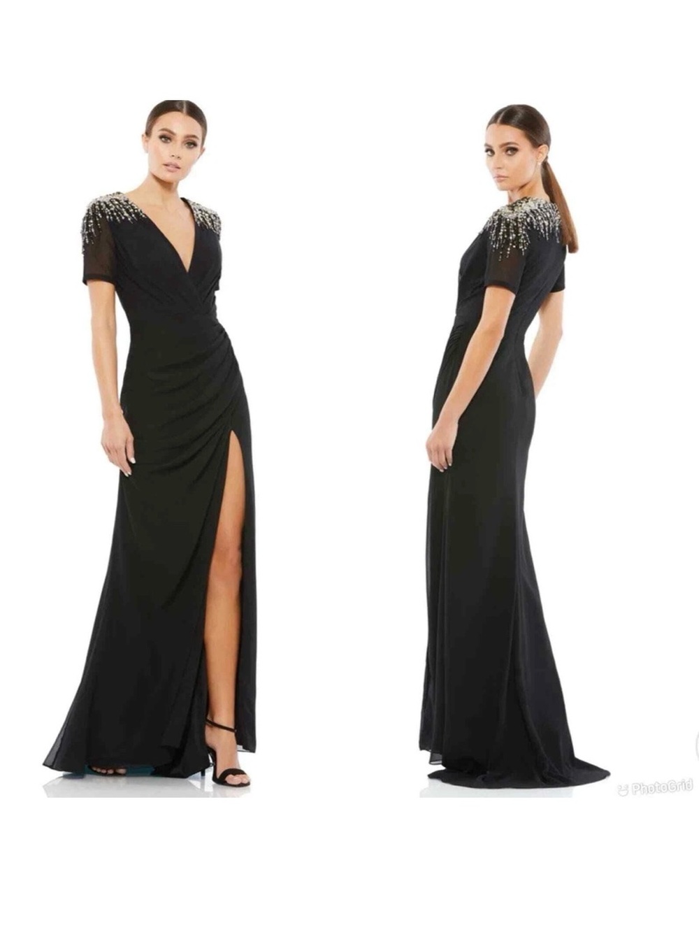 NWT - Mac Duggal | Black Embellished-Shoulder V-Neck Maxi Dress